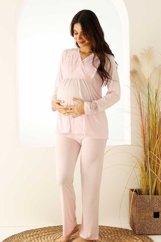 Premium Kutulu Emzirme Bölmeli Dantelli Hamile Lohusa Pijama Takımı Açık Pembe