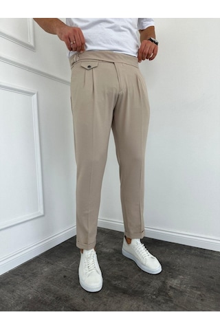 Erkek Bel Toka Detaylı Pileli Old Money Pantolon Bej