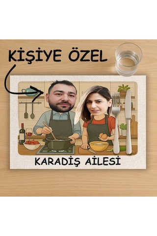Kişiye Özel Karikatürlü Mutfak Tasarımlı Amerikan Servis, Tabak Altlığı & Ev Hediyesi, 2 Adet Krem