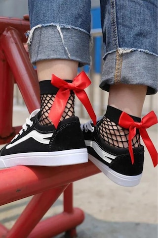 Heleni Kadın File Desenli Kırmızı Fiyonklu Siyah Soket Çorap Siyah