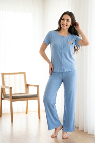 Aura Collections Kadın Ayıcık Desenli Bambu Viskon Kısa Kollu Soft Örme Pijama Takımı Mavi
