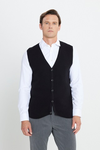 AC&Co / Altınyıldız Classics Erkek Sıyah Pamuklu Standart Fit Normal Kesim V Yaka Jakarlı Triko Yelek Siyah
