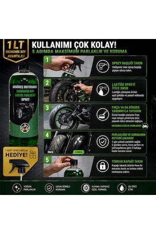 Akgüneş Motogaraj Lastik Parlatıcı Uv Korumalı, Kayma Yapmayan Profesyonel Lastik Bakım Ürünü 1 Lt