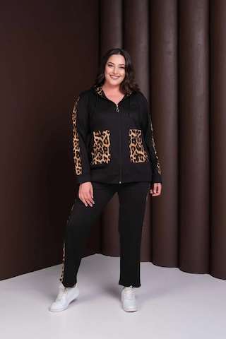 Kapüşonlu Leopar Desenli Alt-üst Takım Siyah