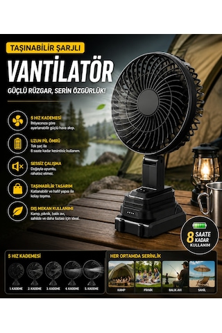 Şarjlı Taşınabilir Vantilatör 8 Saat Kullanım Turbo Şarjlı Şarj Göstergeli 5 Kademeli Outdoor Kullanımı