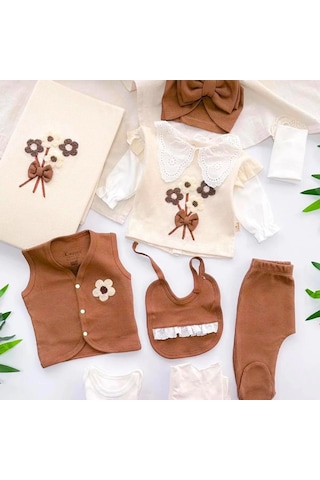 Çiçek Ve Fiyonk Detaylı 10 Parça Bebek Hastane Çıkışı Ful Set Kahverengi