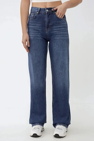 Hiccup Yüksek Bel Straight Kot Pantolon Orta Mavi Denim