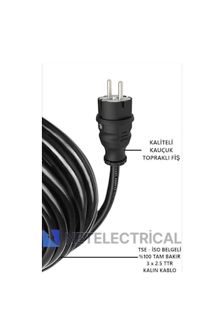 Kauçuk Tekli Seyyar Uzatma Kablosu - 3x2.5 Ttr Kalın Siyah Kablo- 20 Metre 20 Metre
