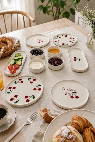 Vita Cherry 10 Parça 4 Kişilik Kahvaltı Takımı Lüx Kahvaltılık Sunum Seti Tabağı & Pasta Sunum Tabağı Beyaz