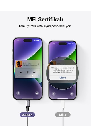 Ugreen Mfi Sertifikalı Lightning To 3.5mm Örgülü Ses Kablosu, 1 Metre, Siyah, 70509