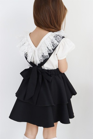 Kız Çocuk Helen Siyah Askılı Kat Kat Bağlama Jile Elbise Dantel Detay Ekru Kısa Kollu Bluz Takım