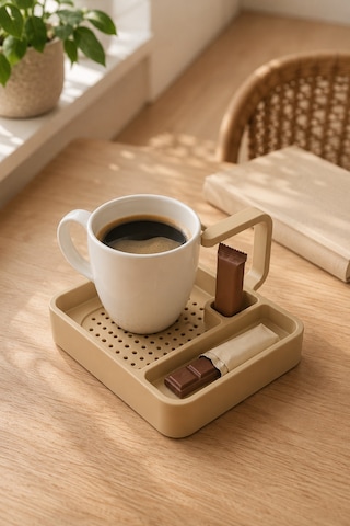 Kahve Sunum Tepsisi Çok Bölmeli Masa Üstü Organizer Kupa Fincan Standı Pla 12.5x11x7 Cm Krem Bej