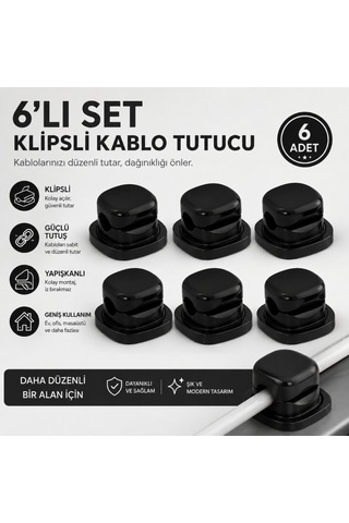 Coofbe 6'lı Yapışkanlı Kablo Tutucu Klips Masaüstü Kablo Düzenleyici Şarj Kablosu Sabitleyici