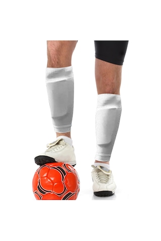 Teltree 3 Çift Futbol Çorabı Beyaz + 3 Çift Bacak Koruyucu Beyaz - 39-46 Numara - Poliester Elastan Gümüş