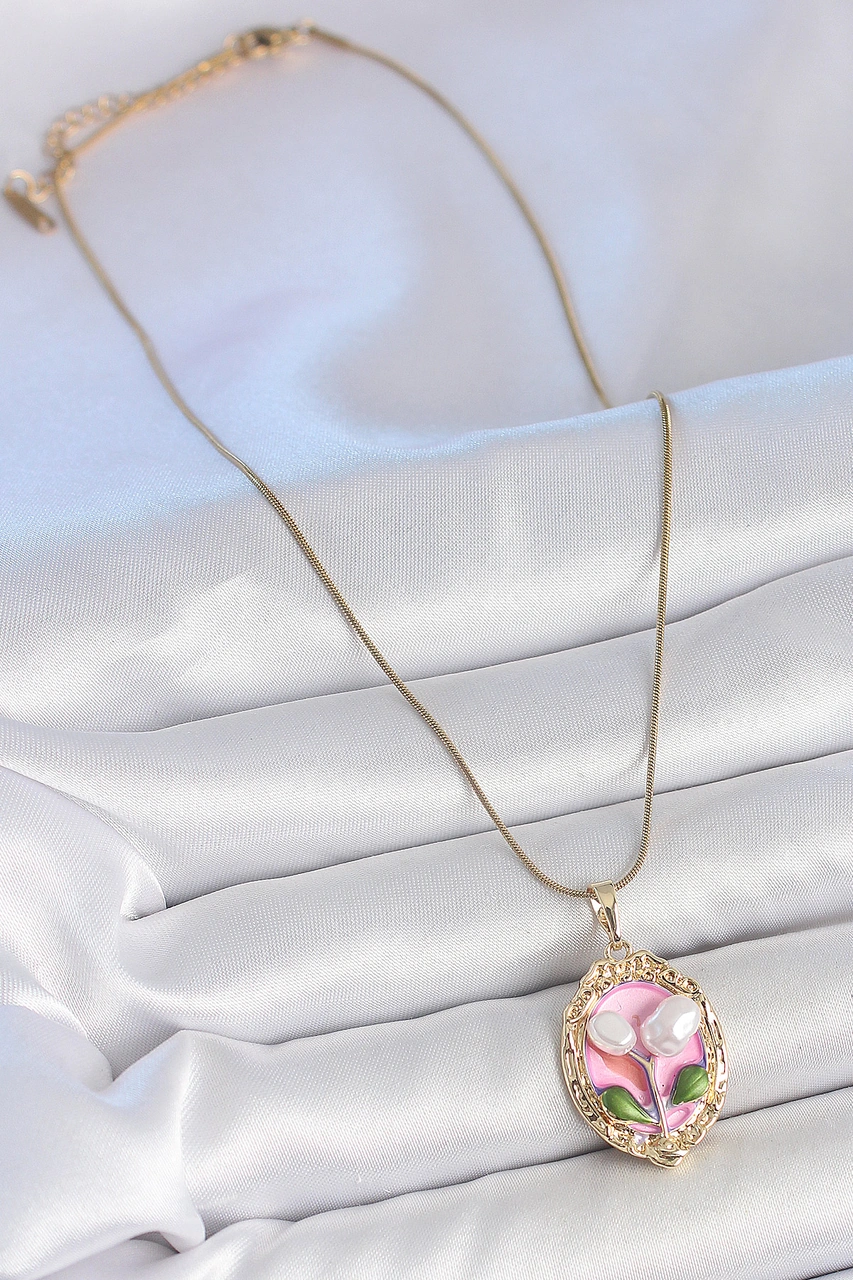 316l Çelik Gold Renk Zincir Pembe Mineli İncili Çiçek İşlemeli Portre Model Kadın Kolye - Tj-bko10148 Çok renkli
