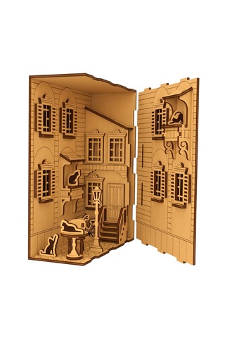 French Yard Diorama Book Nook Ahşap Maket Seti Dıy Miniatür Kedili Fransız Avlusu Peri Led'li Kitaplık Dekoru