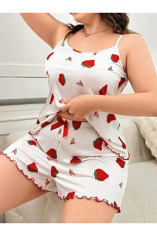 Atyticaret Büyük Beden Çilek Desen Pamuklu Şortlu Pijama Takımı Beyaz