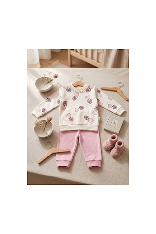Deniva Kids Kız Bebek Lale Desenli İncili Pamuklu Sweatshirt Ve Eşofman Altı İkili Takım Pembe