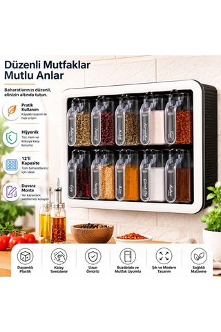 Kendinden Yapışkanlı Baharatlık Seti, 12'li, Kaşıklı Kapaklı,etik Siyah