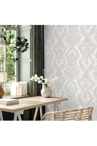 Adawall Ancient Petal Design Wallpaper Zengin Damask Desen Rococo 1303-1/15 Gri, Krem 1.06x15.6m - 16.5m² Çok Renkli