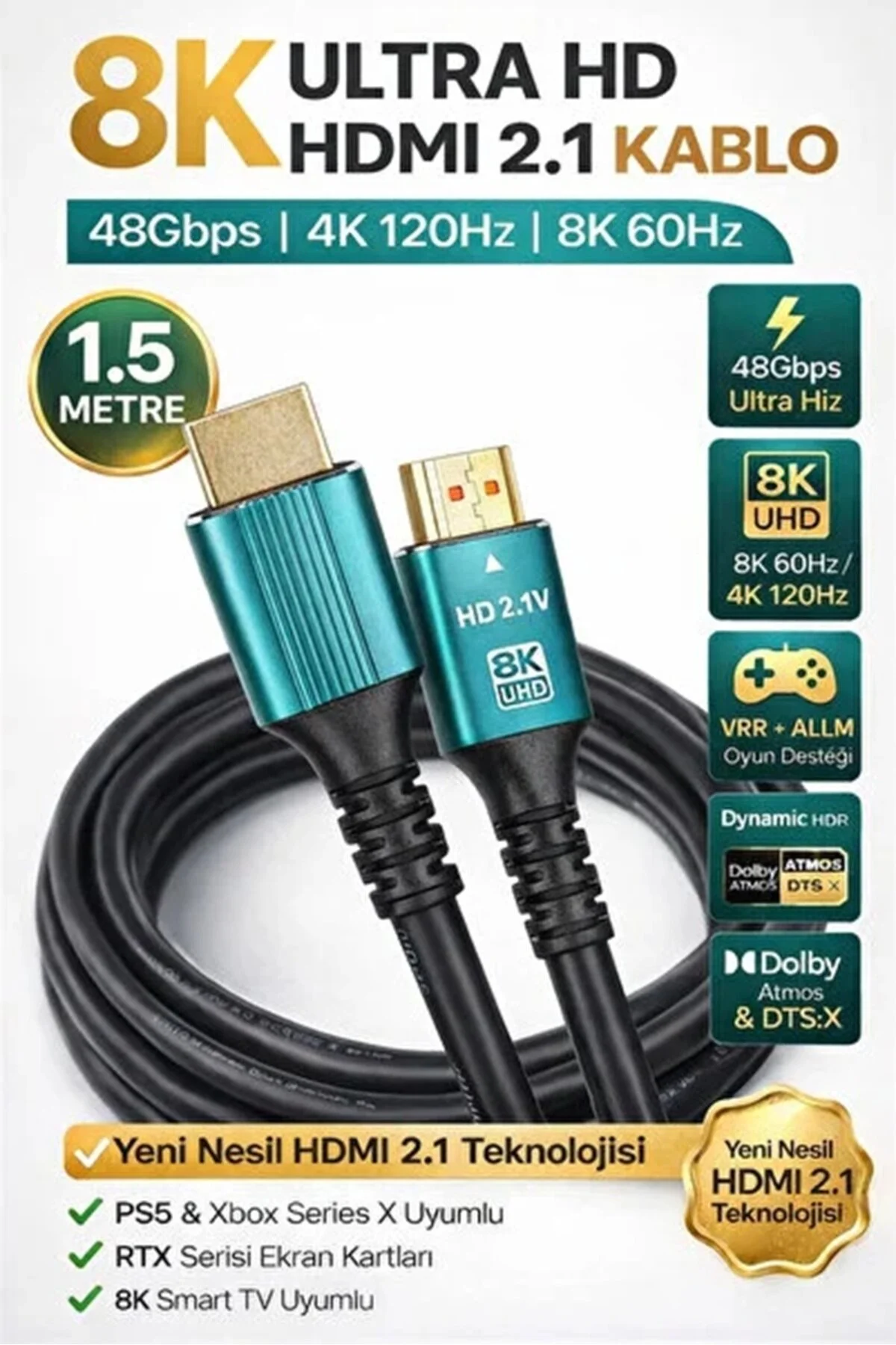 8k 1.5 Metre Ultra Yüksek Hızlı Hdmı 2.1 Kablo 8k Uhd 4k 120hz 48gbps Hdtv/ Pc/ Dizüstü Bilgisayar Ve Oyun Konsolları İçin 1.5m Hdmı Kablosu 001