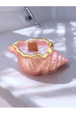 İstiridye Deniz Kabuğu Simli Pembe İncili Kokulu Mum Ahşap Fitilli Mum Simli Açık Pembe