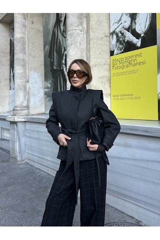 Antrasit Vatkalı Kuşaklı Kaşe Ceket - 1001 Antrasit