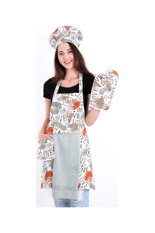 Tulipa 5li Set Şapkalı Mutfak Önlüğü Seti Mutfak Önlüğü Şapka Eldiven Tutacak Turkuaz