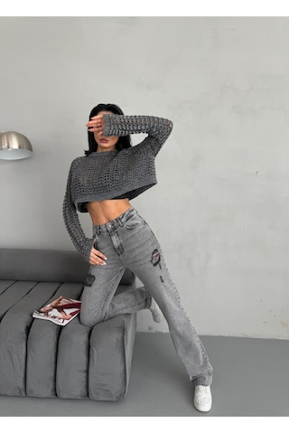 Kadın Straight Jean Yırtık Detaylı Ara Bel Boru Paça Kot Pantolon Gri Gri