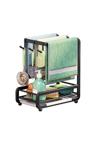 Mutfak Lavabo Sepeti Organizer Karbon Çelik Duvara Monte Veya Tezgah Üstü Havlu Askıları Sünger Tutucu Ve Çıkarılabilir Damla Tepsisi Mutfak Organizasyonu Ve Depolama Sabun Fırçası Bez Askısı Siyah