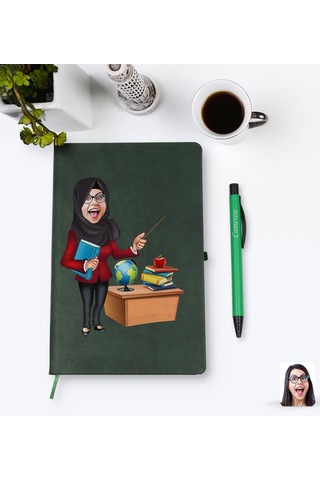Kişiye Özel Tesettürlü Kadın Öğretmen Karikatürlü Yeşil Termo Der N11.1759