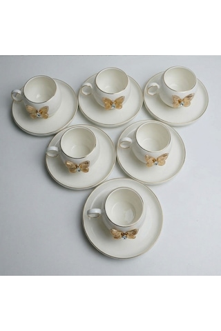 Alfafe Home Kelebek Detaylı 6 Lı Türk Kahvesi Fincan Takımı Gold Porselen Set Şık Çeyiz & Misafir Sunumluk Altın
