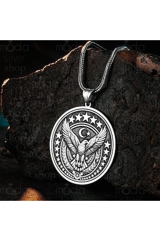 925 Ayar Gümüş Kartal Tasarım Yuvarlak Erkek Kolye Gümüş
