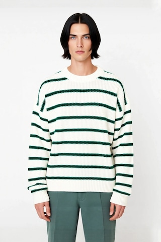 Frm Casual Erkek Kalın Triko Dokulu Bisiklet Yaka Çizgili Oversize Se Yeşil