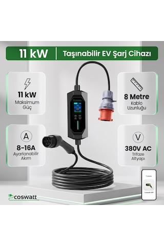 Coswatt Taşınabilir EV Şarj Cihazı CS-P3-16A / 11kW / 8m / Türkçe / 380V AC / Tip-2 / 5x16A CEE / Ev Tipi Dönüştürücü / Çanta