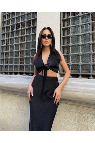 Fashion Cocktail Önden Bağlama Crop Parlak Saten Dizaltı Etek Takım Siyah