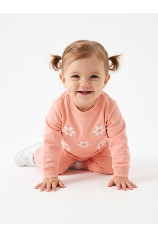 HelloBaby Pamuklu Papatya Detaylı 2li Kız Bebek Takım Somon