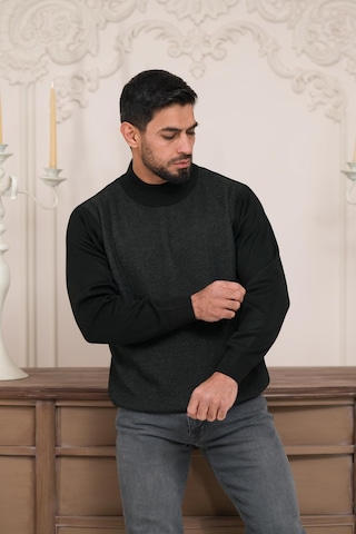 Woolen World Balıkçı Yaka Desenli Yünlü Erkek Triko Kazak Antrasit