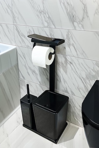 3'ü 1 Arada Banyo Seti Tuvalet Kağıtlık, Çöp Kovası Ve Tuvalet Fırça Takımı Set Çizgili Siyah Diğer
