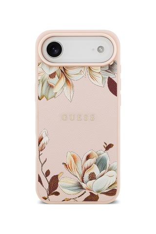 Apple Uyumlu iPhone 17 Air Kılıf Guess Lisanslı M-safeli Taneli Çiçek Tasarımlı Metal Yazı Logolu Pembe Pembe