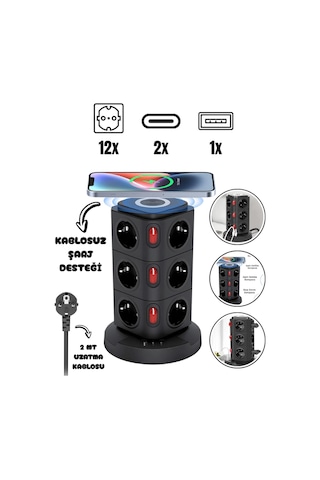 Akım Korumalı Priz Kablosuz Şarj İstasyonu 12xsoket 1xusb 2xtype-c 2 Mt Kablolu Grup Priz Çoğaltıcı 2 M