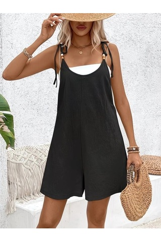 DefyModa Kadın Ip Askılı Yuvarlak Yakalı Boncuk Detaylı Geniş Paçalı Salaş Kısa Pera Tulum Siyah
