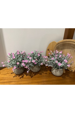 Saksıda Dekoratif Pembe Bahar Çiçeği - 20 Cm Yapay Çiçek 3 Saksı Pembe