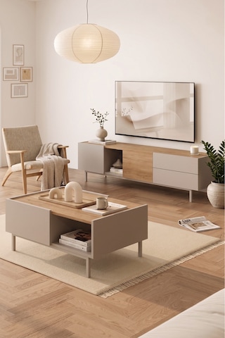 Yurudesign Sedra Tv Ünitesi Orta Sehpa 2'li Set Ahşap Ayaklı Sepet-kumsal Sd9-cs
