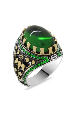 Yeşil Zirkon Taşlı Oval Tasarım 925 Ayar Gümüş Erkek Yüzük (429371978)