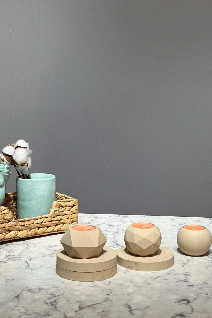 6 Parça Mumluk Seti Beton Tepsili 3'lü Tealight Mumluk Takımı Kahverengi