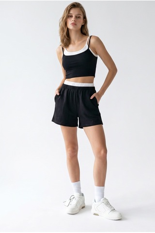 Mixray 2151 Kadın Biye Detaylı Askılı Crop Top Şort Takım Siyah