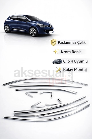 Renault Clio 4 Krom Cam Çıtası Çerçevesi Tam Tur Paslanmaz Çelik
