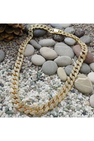 Chavin 13 mm. Kalın 60 cm. Taşlı Gold Alloy Erkek Zincir ek21sr Altın