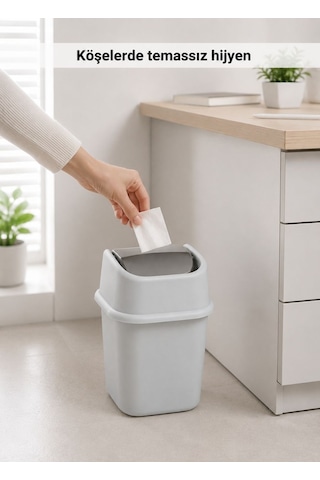 Gri Sallanır Kapaklı Çöp Kovası 6 L - Çalışma Masası Kenarı Ve Banyo İçin Pratik Atık Kutusu